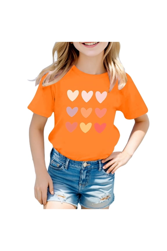 Toddler Girl Shirt Round Neck Cartoon Print Short-Sleeve T-Shirt Tops Soft Basic Funny Tees T-Shirts Infant To Big Kid 7-8 Years(Orange)
