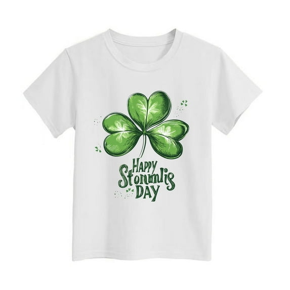 Toddler Girl Shirt St Patricks Day Short Sleeve T Shirts Crew Neck Cartoon Print Tee Tops Cotton Clothes for Boy Size White,3-4 Years