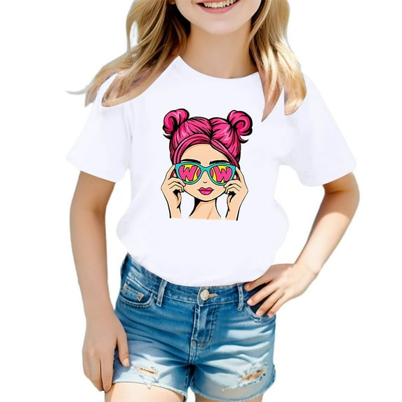 Toddler Girl Shirts 4t Cute Cartoon Print Short Sleeve T Shirt Top Comfortable Crew Neck Children's Shirts 150(11-12Y)