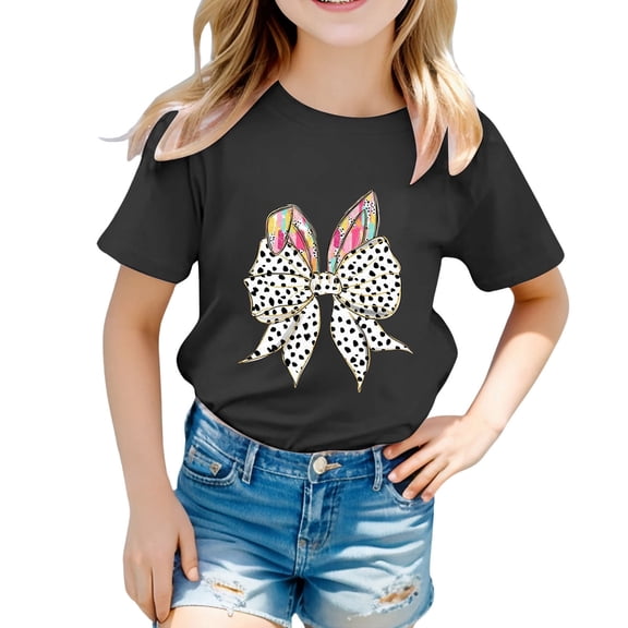 Toddler Girl Shirts 4t Cute Printed Short Sleeve T Shirts Loose Crew Neck Clothes for Children 6-7Y（Black）
