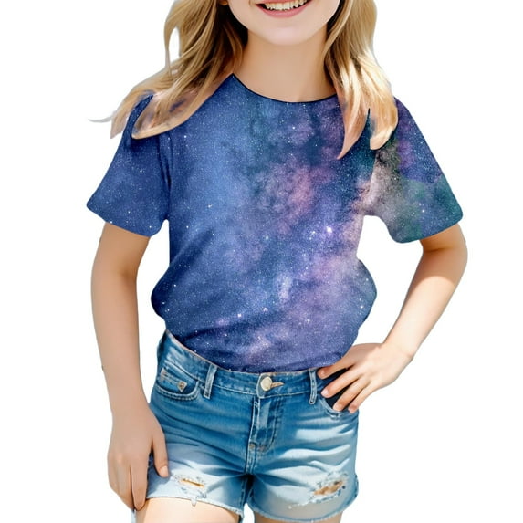 Toddler Girl Shirts 4t Round Neck Short Sleeve T Shirts 3D Graphic T Shirt Fashionable Back To School Shirt Children's Shirts Blue,6-7 Years