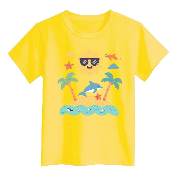 Toddler Girl Shirts 5t Cartoon Print Fashion Casual Short Sleeve T-Shirt Round Neck Summer Tops T Shirts for Boys and Girls Yellow,160