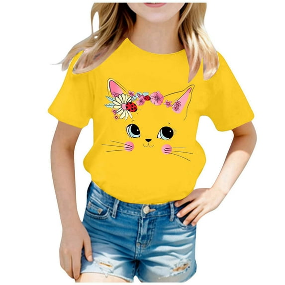 Toddler Girl Shirts 5t Round Neck Cartoon Print Short Sleeve T Shirts Cotton Basic Shirts Tee for Toddler & Kids Yellow,140