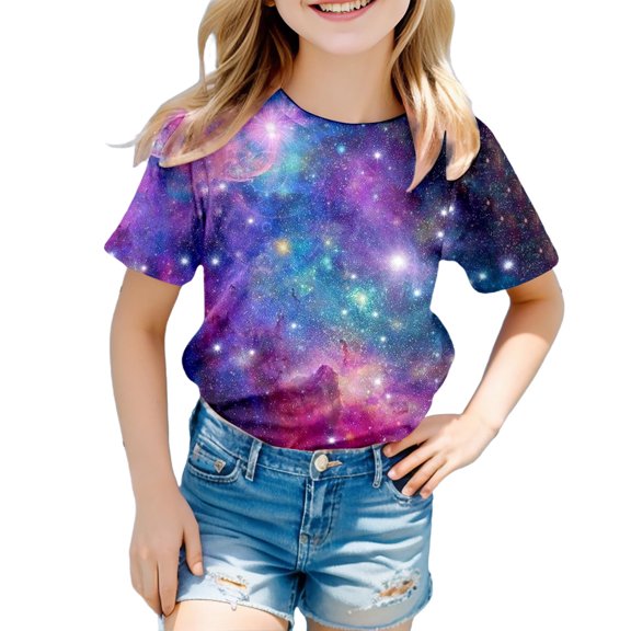 Toddler Girl Shirts 6t Galaxy Print Short Sleeve T-Shirt Crew Neck Soft Basic Blouse Tops T Shirts for Boys and Girls Multicolour,8-9 Years