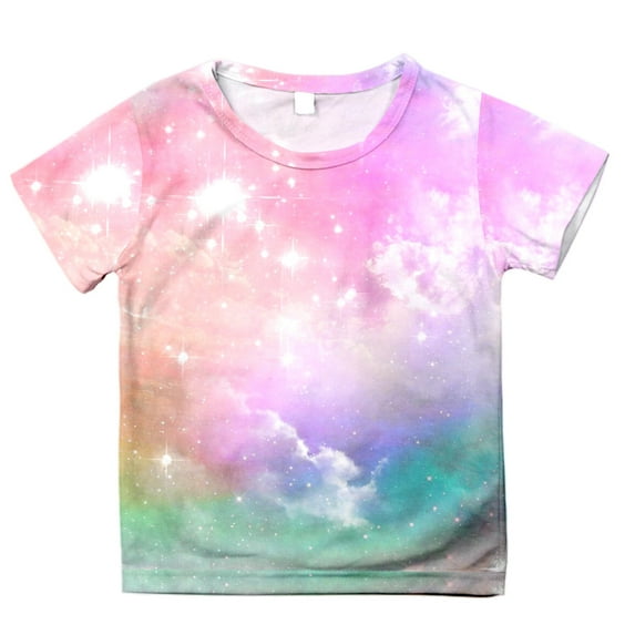Toddler Girl Shirts 6t Galaxy Print Short Sleeve T Shirt Fashion Round Neck Starry Sky Kids Summer Clothing Pink,130
