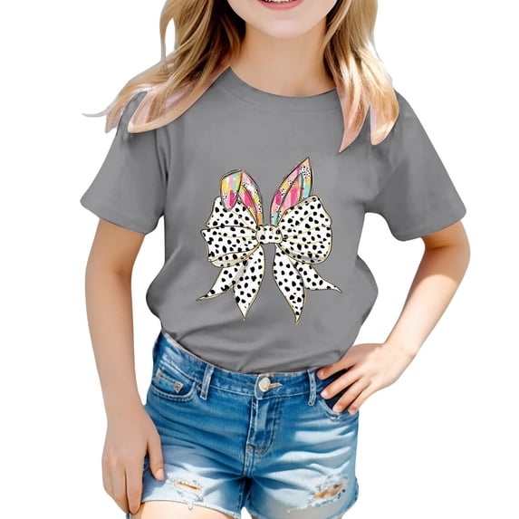 Toddler Girl Shirts Cartoon Letter Print Short Sleeve T Shirt Top Comfy Round Neck Kids Summer Clothing 4-5Y(Grey)
