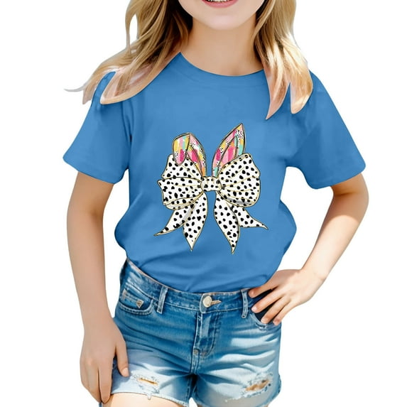 Toddler Girl Shirts Cute Cartoon Print Short Sleeve Tee for Toddler Round Neck Cute Clothes for Girls Size 1-2Y(Blue)