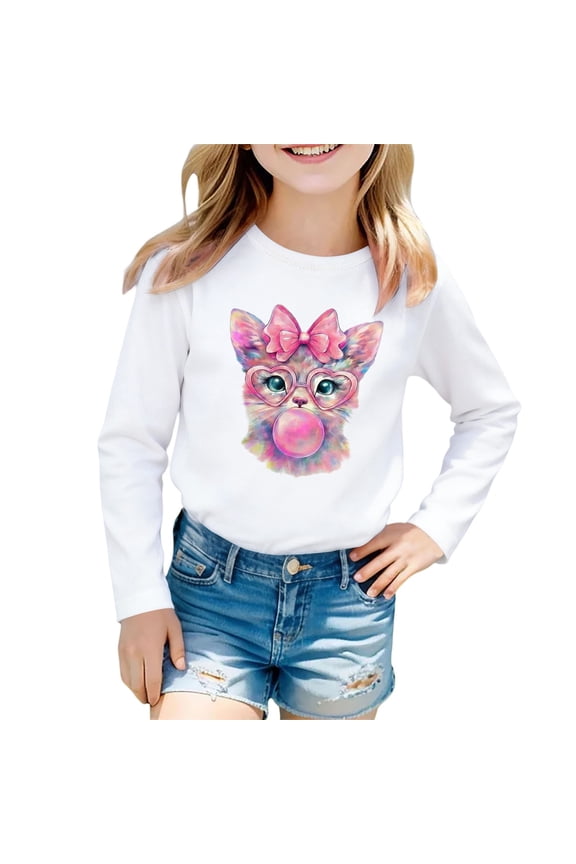 Toddler Girl Shirts Cute Printed Long Sleeve T Shirt for Toddler Girls Soft Casual Round Neck Blouse Top Kids White 3 Years-4 Years
