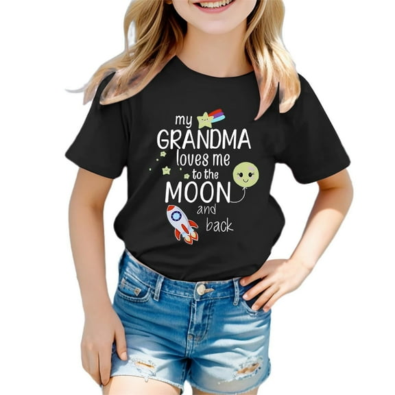 Toddler Girl Shirts Girls Cartoon Print Fashion Round Collar Loose Hugh Leisure T Shirt With Short Sleeves Girls' Tops, Tees & Blouses Black,6-7 Years