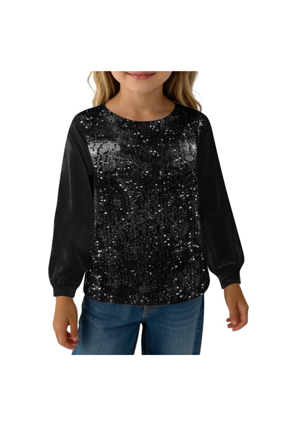 Toddler Girl Shirts Long Sleeve Loose Fit Glitter Crew Neck Casual Blouse Tee for Kids Black 9 Years-10 Years