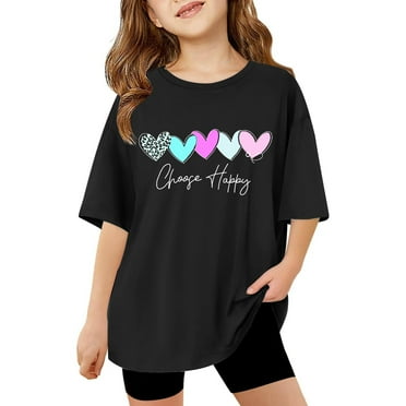 Toddler Girl Shirts Size 10-12 Clearance Short Sleeve Heart Printed Clothes Outfit Fashion Loose Tee Blouses Summer Clothes,Black,13-14 Years