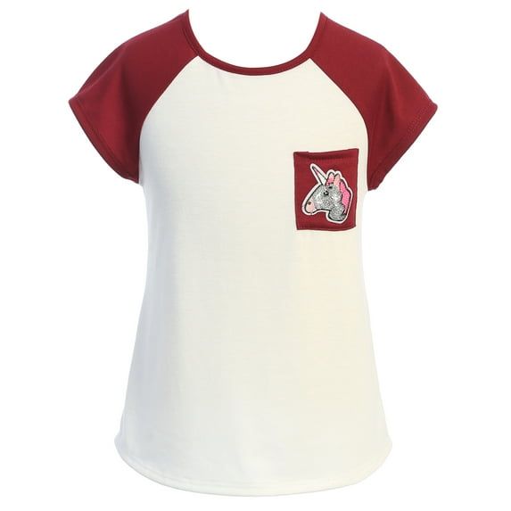 Toddler Girl Short Sleeve Glitter Unicorn Pocket T-Shirt Top Girls Clothing Set Burgundy 4 (21JK59TS)