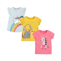 Toddler Girl Short Sleeve Tee Shirt Cotton Casual Crewneck Unicorn Puppy Graphic Tops T-Shirts Pink Yellow Blue 3 Packs Sets 5T