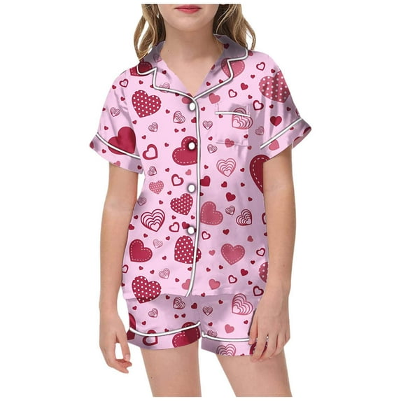 Toddler Girl Silk Pajamas 4t Valentines Day Pjs Short Sleeve Loungewear Clothes Set Print Casual Home Clothes Sleepwear Nightwear Loungewear Clothes Set Gifts for Kids 12-13 Years