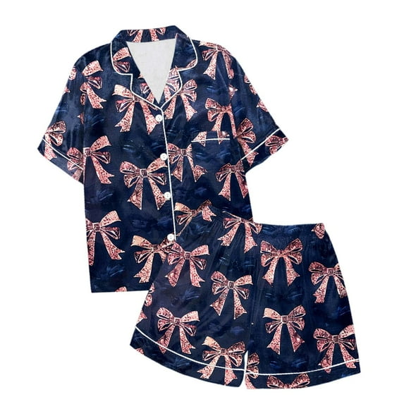 Toddler Girl Silk Pajamas 4t Valentines Day Pjs Short Sleeved Button Top Casual Bow Print Summer Lounge Sets Sleepwear Nightwear Loungewear Clothes Set Gifts for Kids 12-13 Years