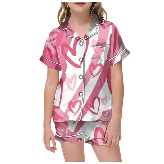 Toddler Girl Silk Pajamas Print Comfy Short Sleeve Loungewear Clothes Set Valentine's Day Pjs Home Clothes 2 Piece Pjs for Girls Kids Gifts 2-3 Years