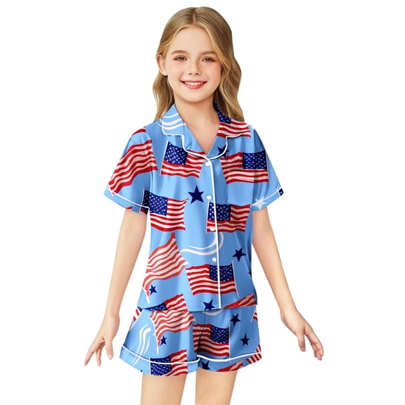 Toddler Girl Silk Pajamas Set Flag Button Down Sleepwear Set Silk Pajamas Outfits Kids Pajamas Girls 2-3 Years