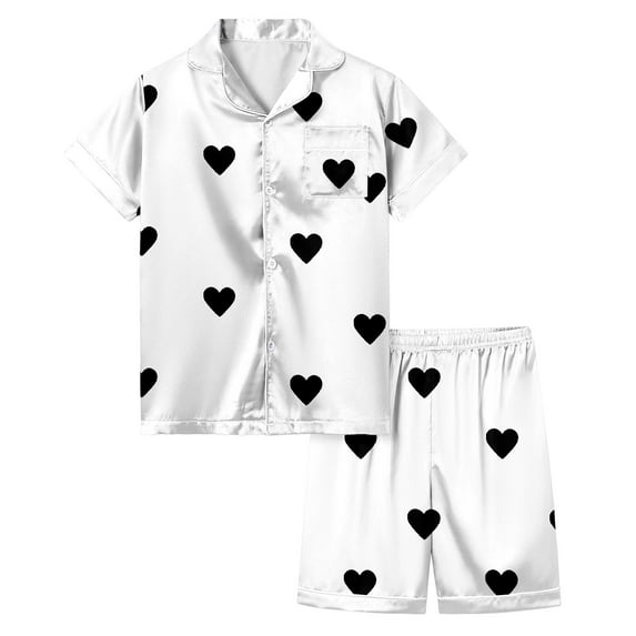Toddler Girl Silk Pajamas Set Girls' Heart Printed Pajamas Short Sleeved Button Top Shorts Home Pajamas Set Black,6-7 Years
