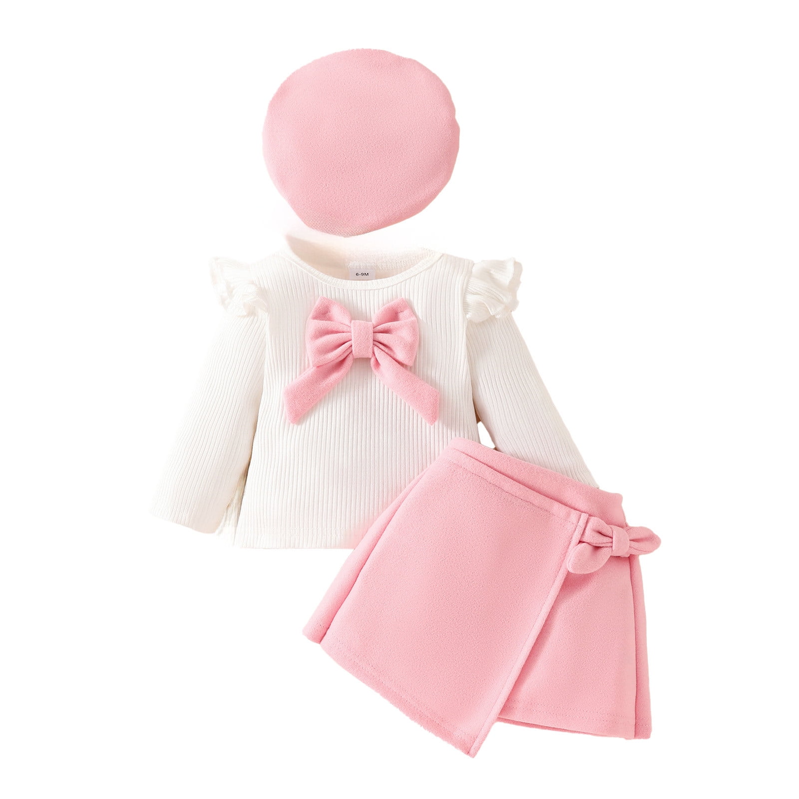 Toddler Girl Skirt Sets Big Bow Ruffle Long Sleeve Knit Ribbed Top with Hat Skirt Fall Winter 3 Piece Set,Z6-Pink,2-3 Years
