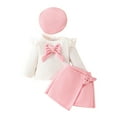 thumbnail image 1 of Toddler Girl Skirt Sets Big Bow Ruffle Long Sleeve Knit Ribbed Top with Hat Skirt Fall Winter 3 Piece Set,Z6-Pink,9-12 Months, 1 of 8
