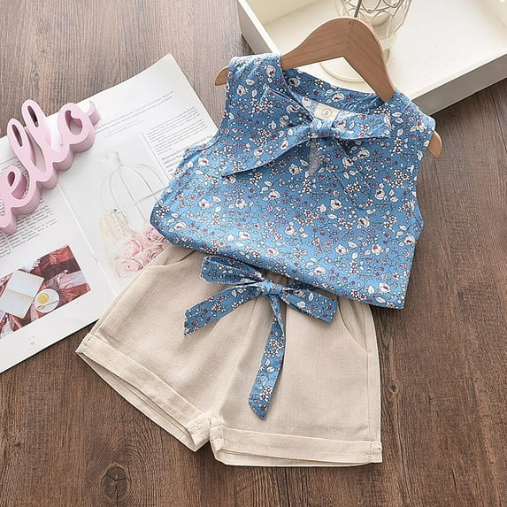Toddler Girl Sleeveless Bow Tie Floral Pattern Top And Solid Color Pocketed Shorts With Belt Summer Girl's Outfits Size 4T