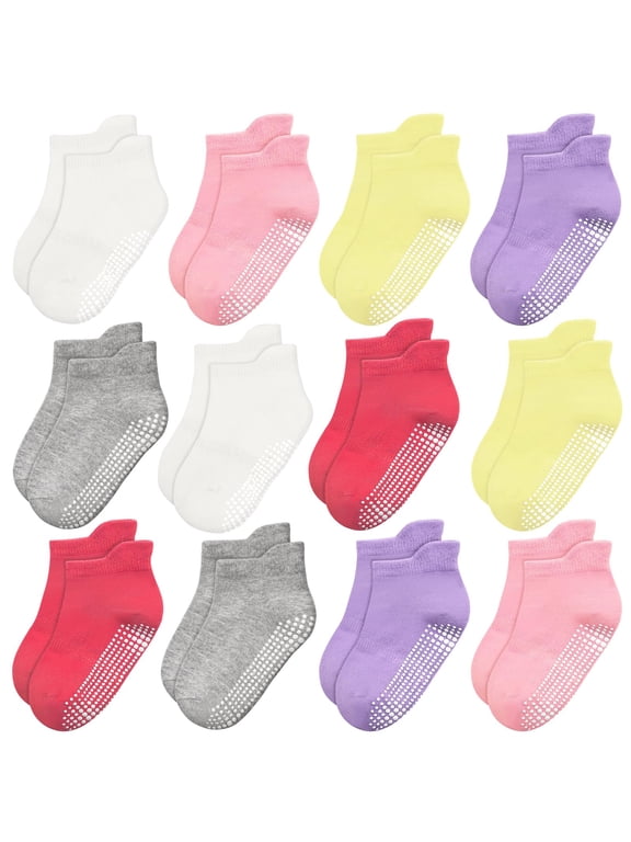 Toddler Girl Socks 12 Pairs, Non Slip Ankle Toddler Socks for 1-7 Years Baby Girls Kids