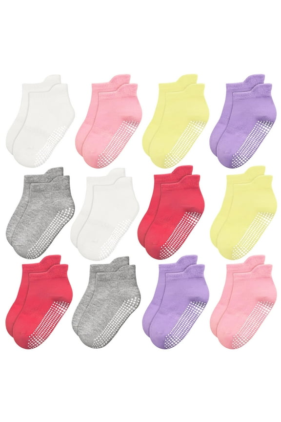 Toddler Girl Socks 12 Pairs, Non Slip Ankle Toddler Socks for 1-7 Years Baby Girls Kids