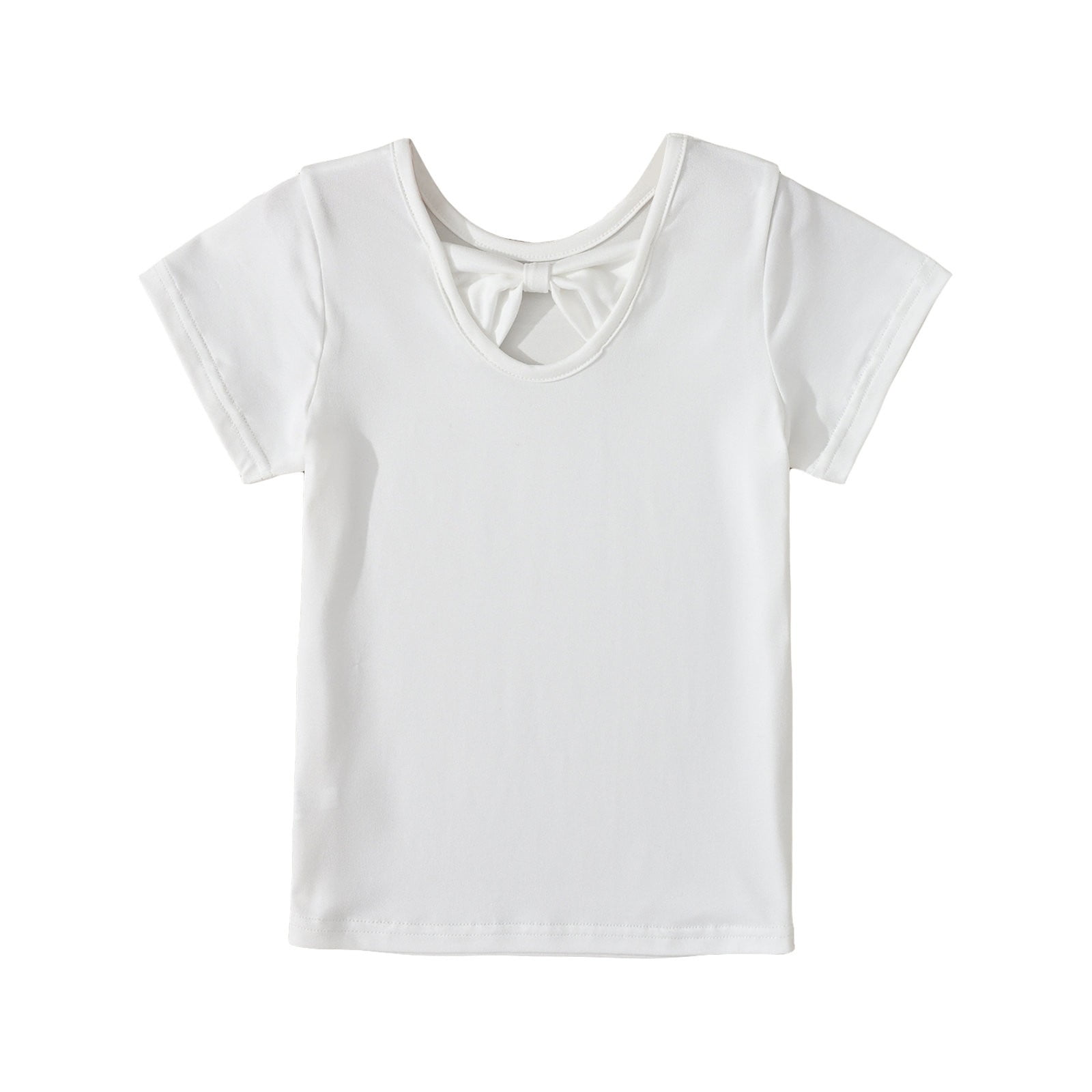 Toddler Girl Solid Color T Shirt With Bow Neckline Short Sleeve Crew Neck For 4 To 7 Years Long