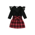 thumbnail image 1 of Toddler Girl Spring 2Pcs Outfit Lace Ruffled Long Sleeve Tops with Plaid A-Line Bow Skirt Set, 1 of 7
