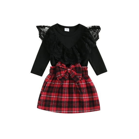 Toddler Girl Spring 2Pcs Outfit Lace Ruffled Long Sleeve Tops with Plaid A-Line Bow Skirt Set