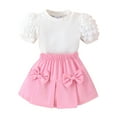 thumbnail image 1 of Toddler Girl Spring Summer Outfit Bubble Puff Sleeve Shirt Top Pleated Mini Skirt Kids Girl 2Pcs Set, 1 of 5