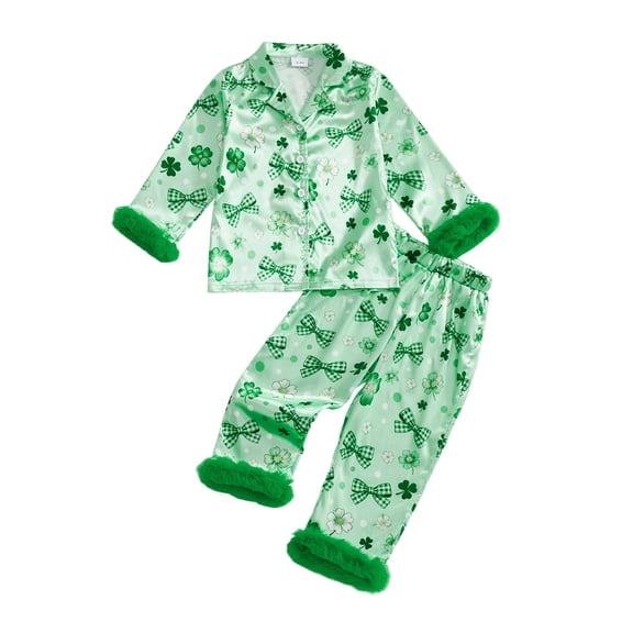 Toddler Girl St Patricks Day Pajamas Clover Print Furry Trim Long Sleeve Button Down Tops Pants Shamrock Print PJs,1-6Y