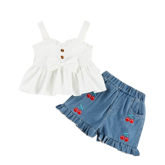 Toddler Girl Summer Clothes 2 Piece Bowknot Babydoll Tank Top and Denim Jean Short Cute Ruffle Set 1-8 Years (1 Years, White)