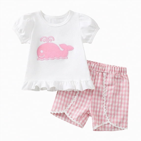 Toddler Girl Summer Clothes Baby Girl Cute Outfit Whale Embroidery Short Sleeve T-Shirt and Plaid Shorts Set