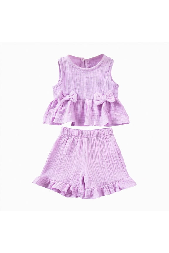 Toddler Baby Girl Clothes Cute Outfits Girls Linen Bow Tank Tops Ruffle Shorts Set Spring Summer Clothes for Kids(Purple,12-18 Months)