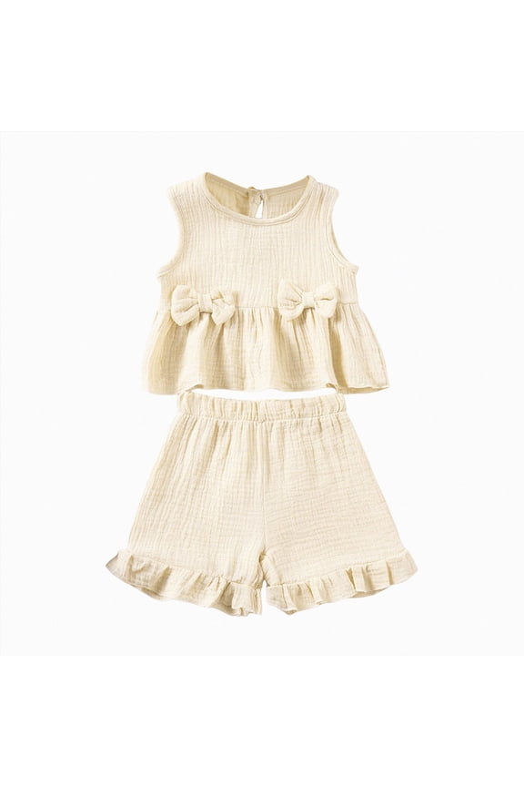 Toddler Baby Girl Clothes Cute Outfits Girls Linen Bow Tank Tops Ruffle Shorts Set Spring Summer Clothes for Kids(White,2-3 Years)