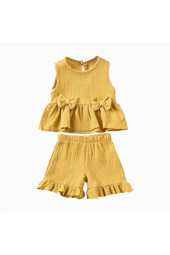 Toddler Baby Girl Clothes Cute Outfits Girls Linen Bow Tank Tops Ruffle Shorts Set Spring Summer Clothes for Kids(Yellow,6-9 Months)