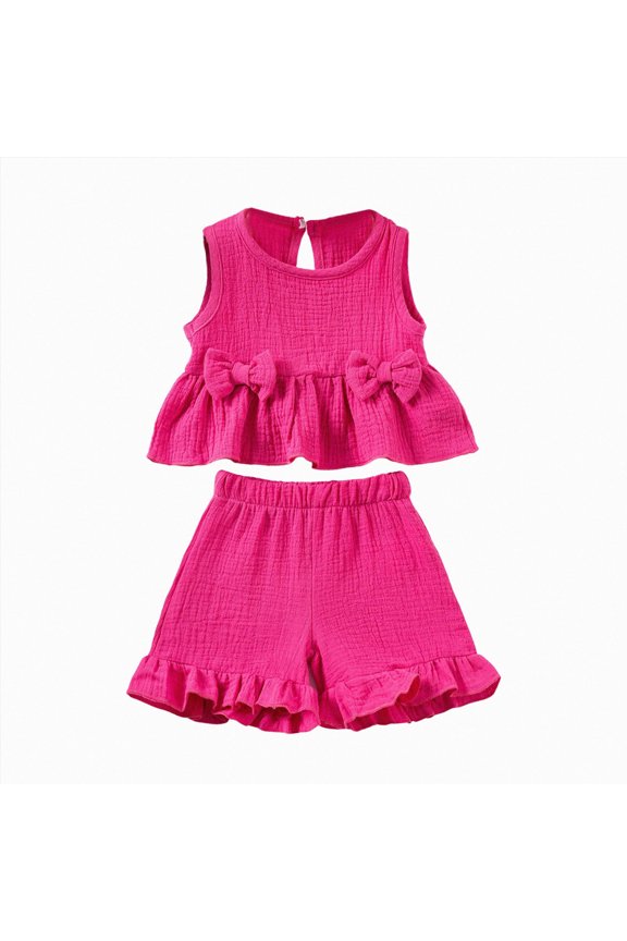 Toddler Baby Girl Clothes Cute Outfits Girls Linen Bow Tank Tops Ruffle Shorts Set Spring Summer Clothes for Kids(Hot Pink,9-12 Months)
