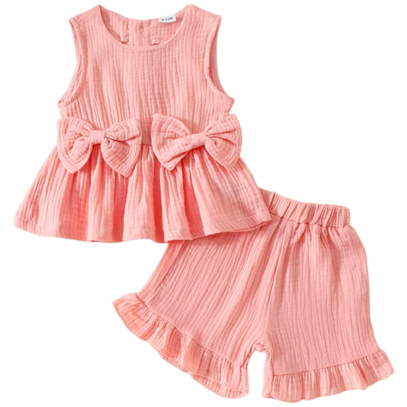 Toddler Girl Summer Clothes Outfit For 2-3Years Toddler Girls School Summer Clothing Set Bows Ruffle Tank Tops Shirts + Ruffled Short Set Pink Children's Day Gift 2PCS Set