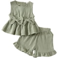 thumbnail image 1 of Toddler Girl Summer Clothes Outfit For 4-5Years Toddler Girls School Summer Clothing Set Bows Ruffle Tank Tops Shirts + Ruffled Short Set Green Children's Day Gift 2PCS Set, 1 of 7