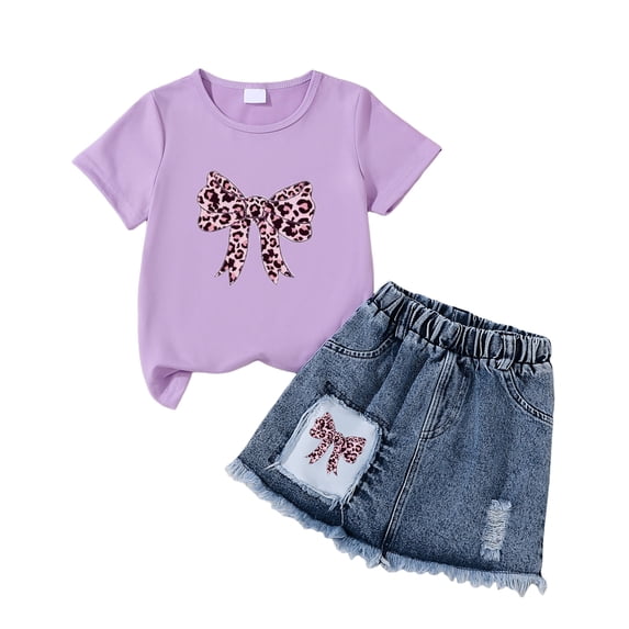 Toddler Girl Summer Clothes Outfit For 4 Years Girls Comfortable And Fashionable Set Cute Cartoon Printed Short Sleeve Top Skirt Two Piece Set Purple Children's Day Gift 2PCS Set