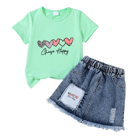 Toddler Girl Summer Clothes Outfit For 3-4Years Girls Set Cute Cartoon Printed Short Sleeve Top Skirt Two Piece Set P Children's Day Gift 2PCS Set