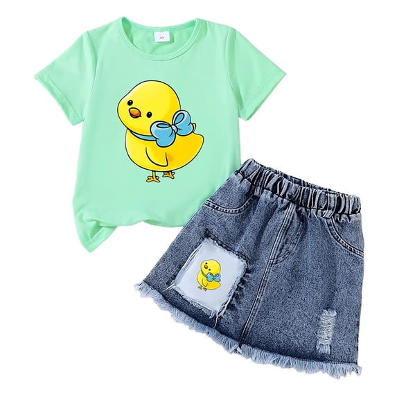 Toddler Girl Summer Clothes Outfit For 6-7 Years Girls Set Cute Cartoon Printed Short Sleeve Top Skirt Two Piece Set D Children's Day Gift 2PCS Set