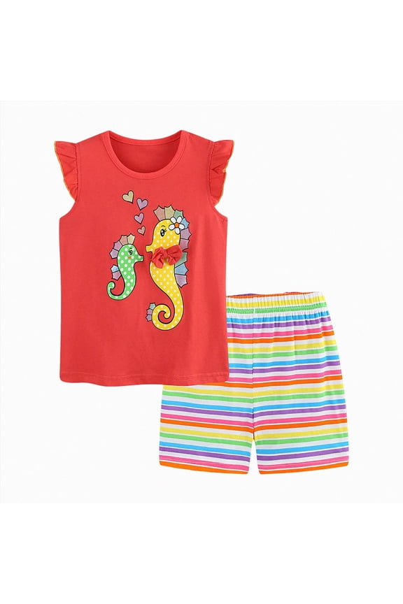 Toddler Girl Summer Outfit Baby Cowgirl Clothes Ruffle Cartoon Animals Print Flying Sleeve Shirt Tops Shorts Kaprioy Baby Girl Clothes 1T 2T 3T 4T 5T 6T 7T