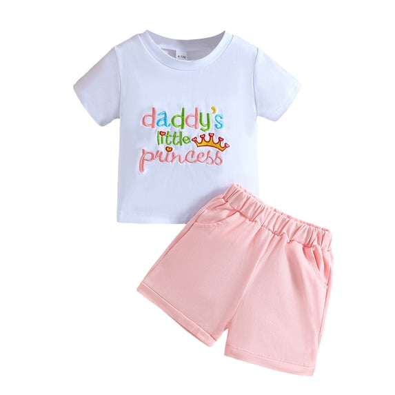 Toddler Girl Summer Outfit Letter Crown Embroidery Short Sleeve Round Neck Tops with Solid Color Shorts 2 Pcs Clothes