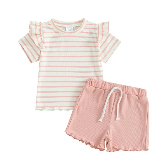 Toddler Girl Summer Outfits, 6 12 18 24M 3 4T Crew Neck Short Sleeve Striped Tops + Elastic Waist Wave Hem Shorts Infant Shorts Set