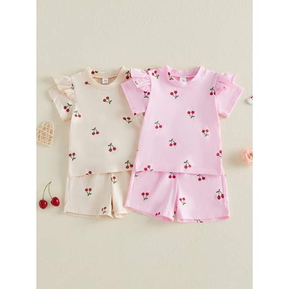 Toddler Girl Summer Outfits Cherry Print Crew Neck Short Sleeve Tops Elastic Waist Shorts 2Pcs Clothes Set
