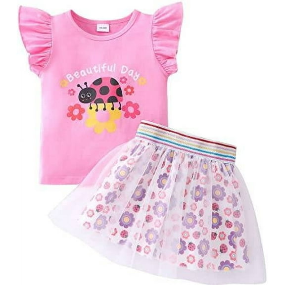 Toddler Girl Summer Outfits Size 7 Pink Ladybug Ruffle Sleeveless Shirt Tutu Skirt Sets