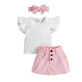 thumbnail image 1 of Toddler Girl Summer Skirt Outfits Newborn Infant Cotton Short Sleeve Ruffle Sleeve Shirt Tops Button Skirts with Pockets Headband Set 6M-4T, 1 of 9