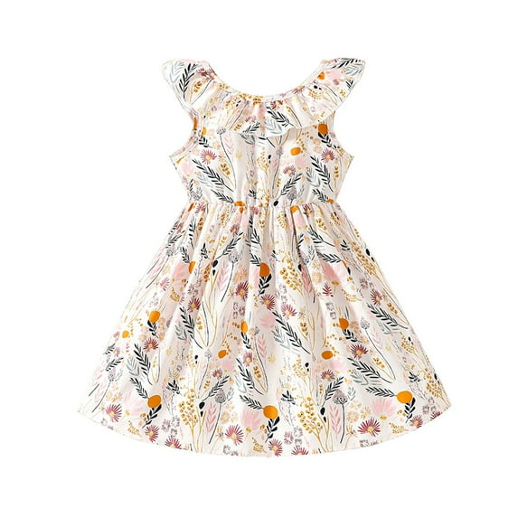 Toddler Girl Sundress Floral Dress Beach Vacation Ruffle Dress Girls Princess Easter Dress Birthday Party Trendy Spring Summmer Outfit #Beige 4-5 Years